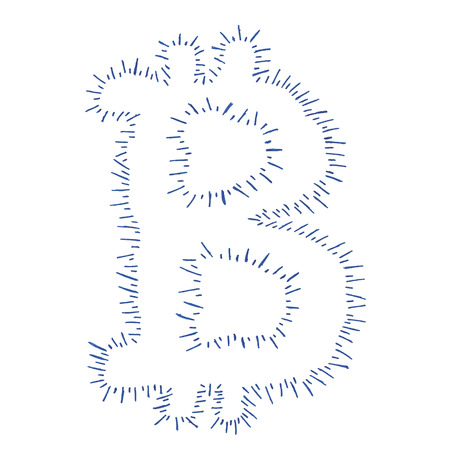Spiky Bitcoin symbol, handmade drawing of a digital decentralized crypto currency, letter B on white background.の写真素材