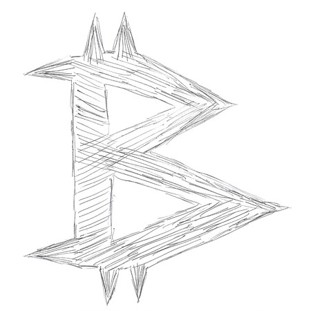 Pointed Bitcoin symbol, handmade drawing of a digital cryptocurrency, letter B on white background.の写真素材
