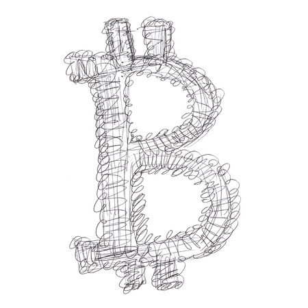 Entangled Bitcoin symbol, handmade drawing of a digital cryptocurrency, letter B on white background.の写真素材