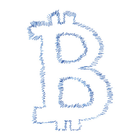 Bitcoin symbol handwriting, simple drawing of a digital decentralized cryptocurrency, letter B on white background.の写真素材