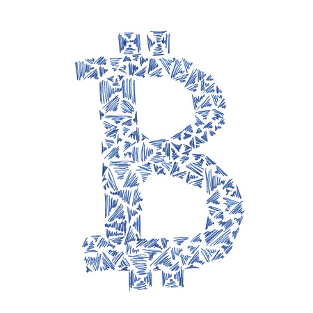 Bitcoin symbol illustration, handmade drawing of a digital decentralized cryptocurrency, letter B on white background.の写真素材