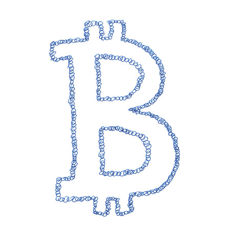 Chain Bitcoin symbol, handmade drawing of a digital cryptocurrency, circles in shape of letter B on white background.の写真素材