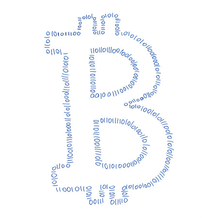 Digital Bitcoin symbol, handmade drawing of a digital decentralized cryptocurrency, letter B on white background.の写真素材