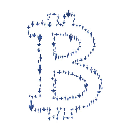 Bitcoin symbol arrow, handmade drawing of a digital decentralized crypto currency, small arrows indicating down in a shape of letter B on white background.の写真素材