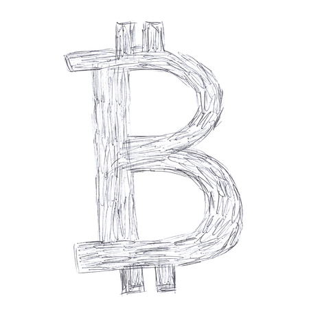 Simple Bitcoin symbol, handmade drawing of a digital cryptocurrency, letter B on white background.の写真素材