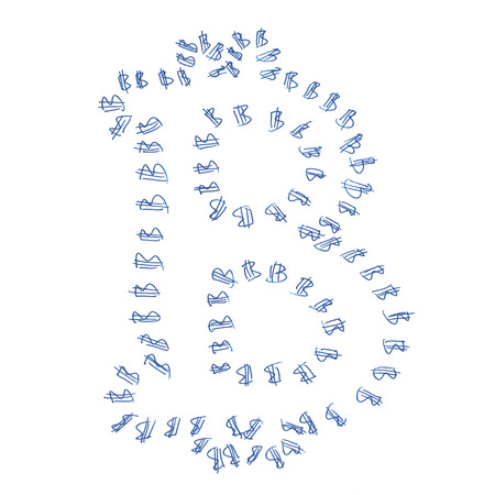 Bitcoin symbol handwriting, handmade drawing of a digital decentralized cryptocurrency, letter B on white background.の写真素材