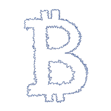 Serrated Bitcoin symbol, handmade drawing of a digital decentralized cryptocurrency, letter B on white background.の写真素材