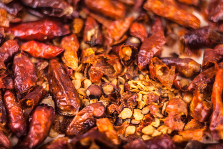 Macro of dried red hot chili peppers.の写真素材