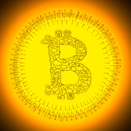 Golden radiant cryptocurrency Bitcoin illustration. Logo of a digital decentralized crypto currency coin.の写真素材