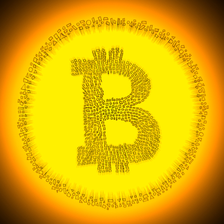 Golden radiant digital Blockchain Bitcoin technology logo. Illustration of an electronic decentralized crypto currency coin.の写真素材