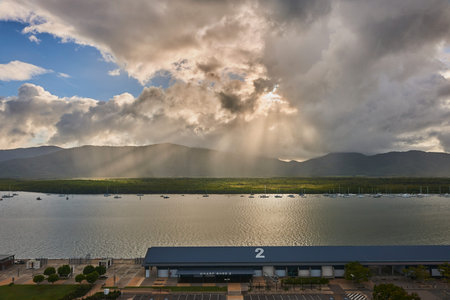Aerial view of a commercial fishing port in the morning with sunrays.の写真素材