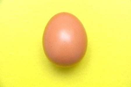 Overhead view of brown chicken eggs in an open egg carton isolated on yellow. Fresh chicken eggs...