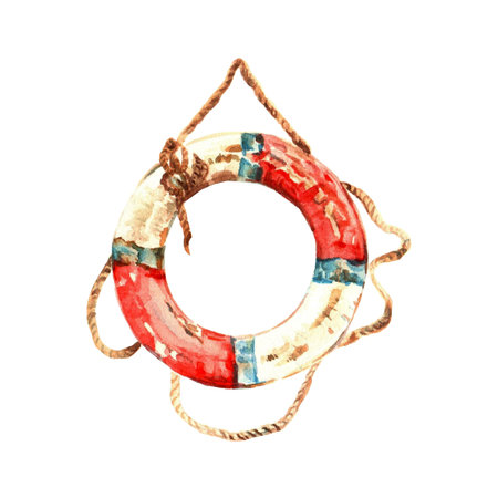 Old red and white lifebuoy with rope. Nautical object isolated on white background. Hand drawn...