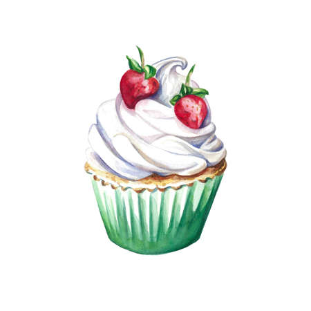 Strawberry cupcake with cream isolated on white. Hand painted watercolour. Clip art. Delicious dessert illustration for bakery logo, menu, birthday decoration, strawberry festival design, textile, souvenirs, cards, stickersの写真素材