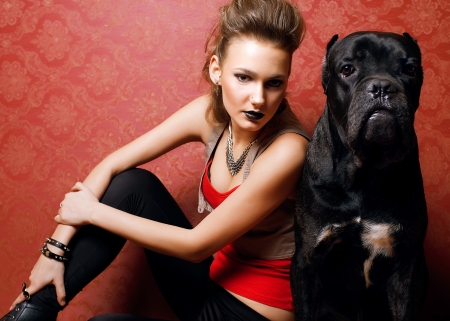 fashion woman portrat in dogの写真素材