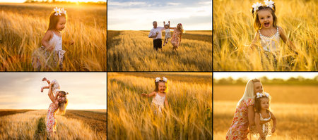 collage of mother, daughter and grandpa with a bouquet of wheat in the sunlight having funの写真素材