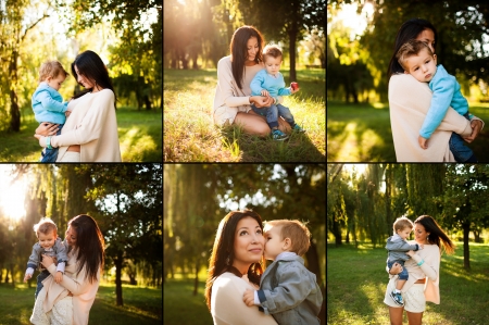 collage of baby boy with his mum playing  in the parkの写真素材