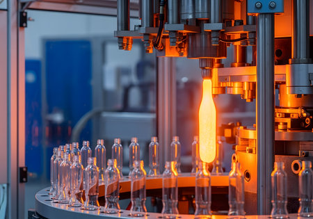 Automated production line forming glass bottles with hot shaping processの素材