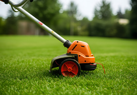 Lawn mower on the green grass. Gardening concept.の素材