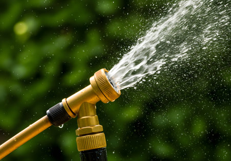 Watering the garden with a sprinkler on a blurred green backgroundの素材