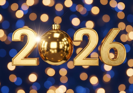 Happy New Year 2026. Golden numbers and Christmas ball on bokeh background.の素材