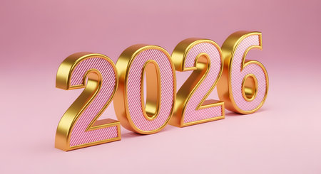 Happy New Year 2026. 3d render. Golden number on pink background.の素材
