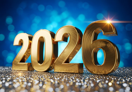 Golden 2026 year numbers on glitter surface with blue bokeh backgroundの素材