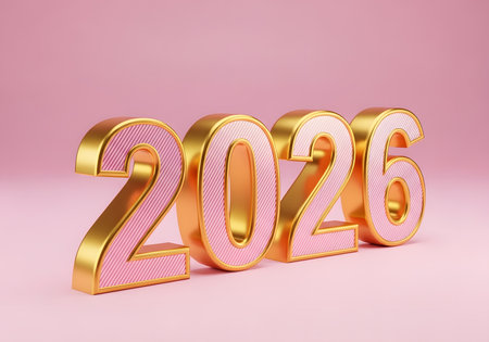 Happy New Year 2026. 3D rendering. Golden numbers on pink background.の素材
