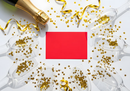 Happy new year 2026 celebration with champagne and confetti, isolated on white backgroundの素材