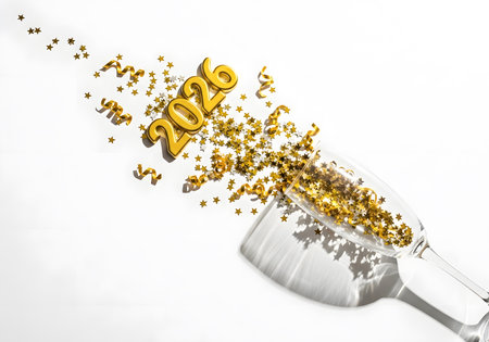 Golden 2026 numbers and confetti spilling from champagne glass, isolated on white backgroundの素材