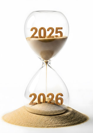 Hourglass showing 2025 running out and 2026 coming isolated on white backgroundの素材