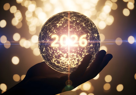 Hand holding glowing sphere with 2026 year, representing the new yearの素材