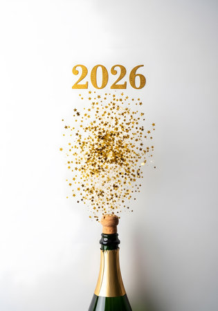 Champagne bottle with golden 2026 number and confetti isolated on white backgroundの素材