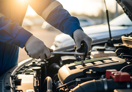 Hands of auto mechanic checking car engine in auto repair service.の素材