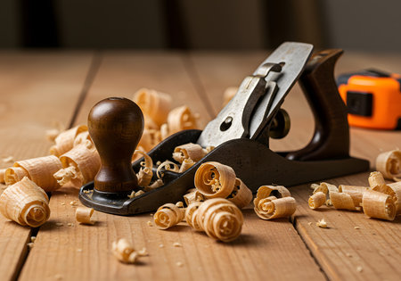 wooden jointer and shavings on a wooden table.の素材