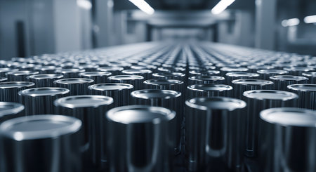 Production line of the beverage factory. Conveyor belt with bottles. Industrial backgroundの素材