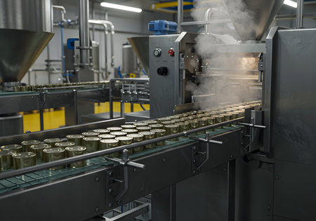 Production line of the canned food factory. Canned food products on conveyor belt. Industrial backgroundの素材