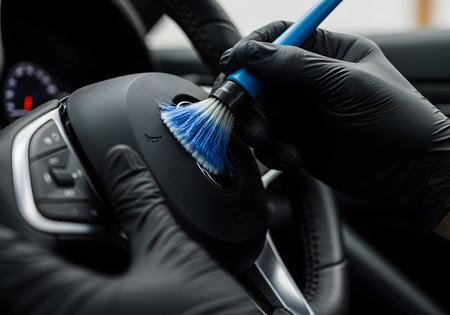 Car detailing. Close-up of a man's hand in black gloves cleaning a car steering wheel with a brushの素材