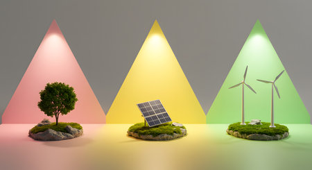 Solar panels and wind turbines on a green island. 3D rendering.の素材