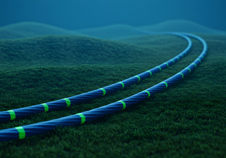 3d rendering of a line of electrical cables on a grass fieldの素材
