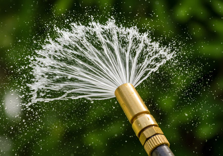 sprinkler spraying water on green background, closeup of photoの素材