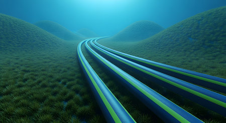 3D rendering of a railway track in the middle of a green fieldの素材