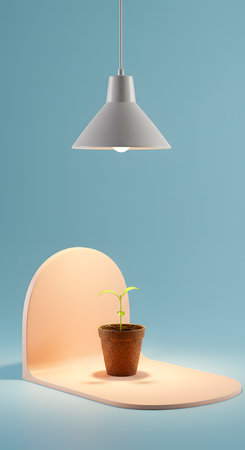 Potted plant and lamp on a blue background. 3d renderingの素材
