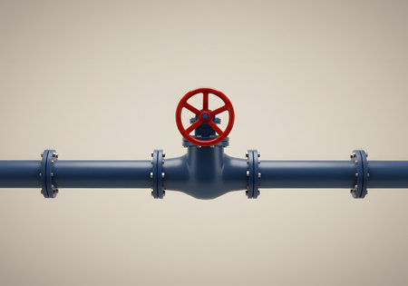 Pipeline with red valve on gray background. 3D renderingの素材