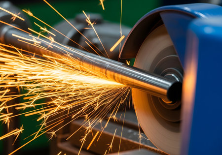 Close-up of a grinder cutting metal with sparks in a factoryの素材