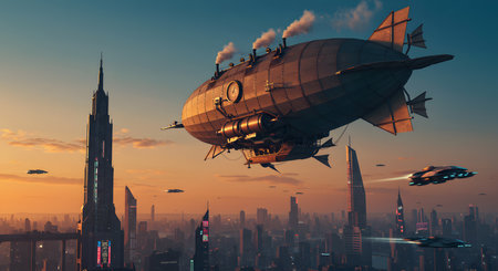 Airship over the city at sunset. 3d render illustration.の素材