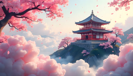 Cherry blossom and pagoda in the morning,3D renderingの素材
