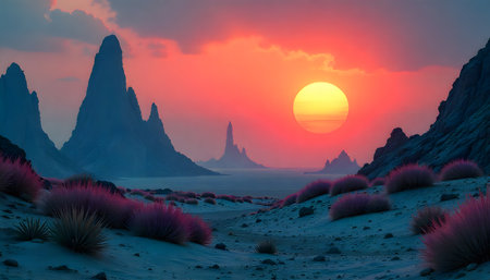 Beautiful sunset in the desert. 3d rendering. Computer digital drawing.の素材