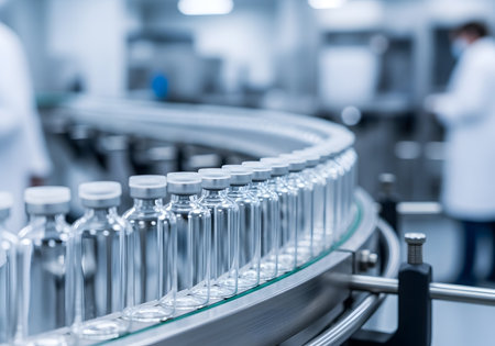 Glass bottles on the conveyor belt. Industrial background. Pharmaceutical industryの素材