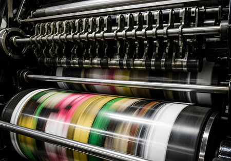 Closeup of an offset printing machine in operation with colorful designの素材